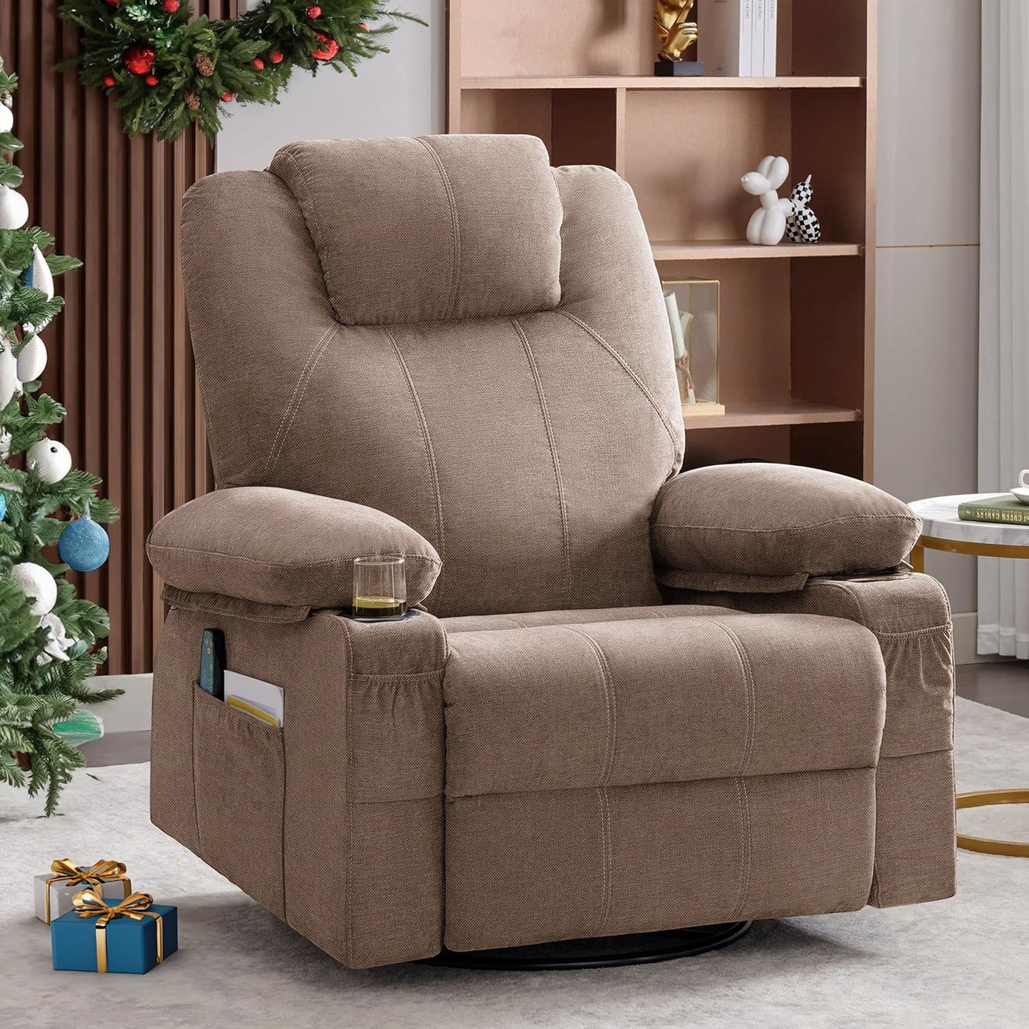Swivel Rocker Recliner Chair with Heat and Massage, Big Oversized Rocking Single Sofa for Living Room, 360 Degree Swivel Recliner Chair with Cup Holders and USB Port