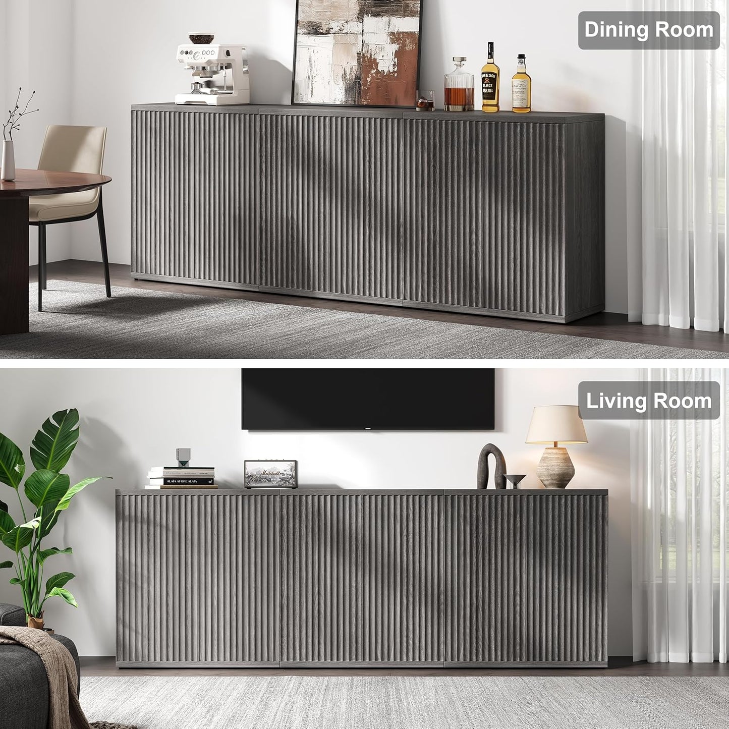 Buffet Sideboard Cabinet with Storage, 34.2" H Fluted Credenza with Adjustable Shelves