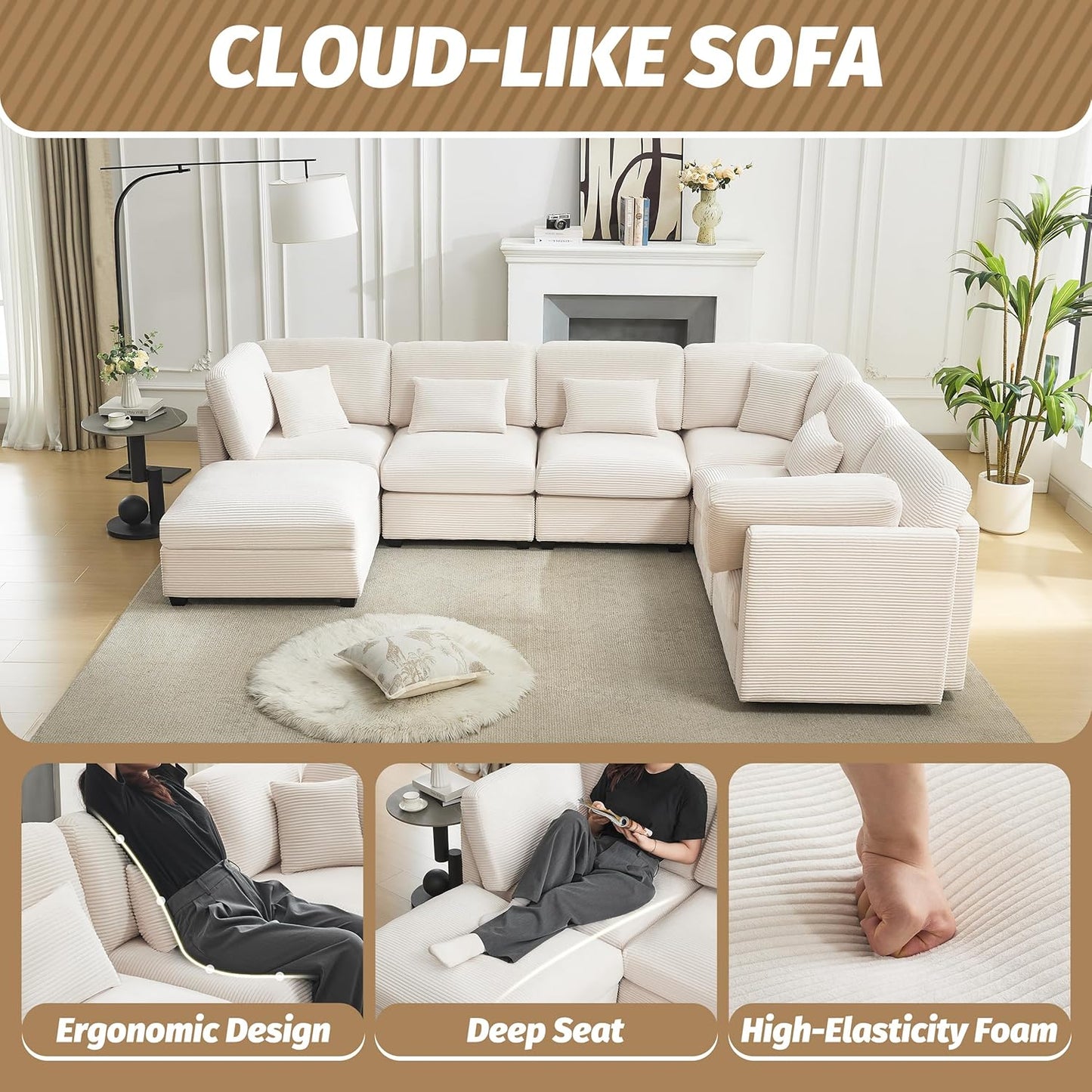 Huatean Home125 Inch Oversized Corduroy Modular Sectional Sofa, U Shaped Modular Couch with Storage