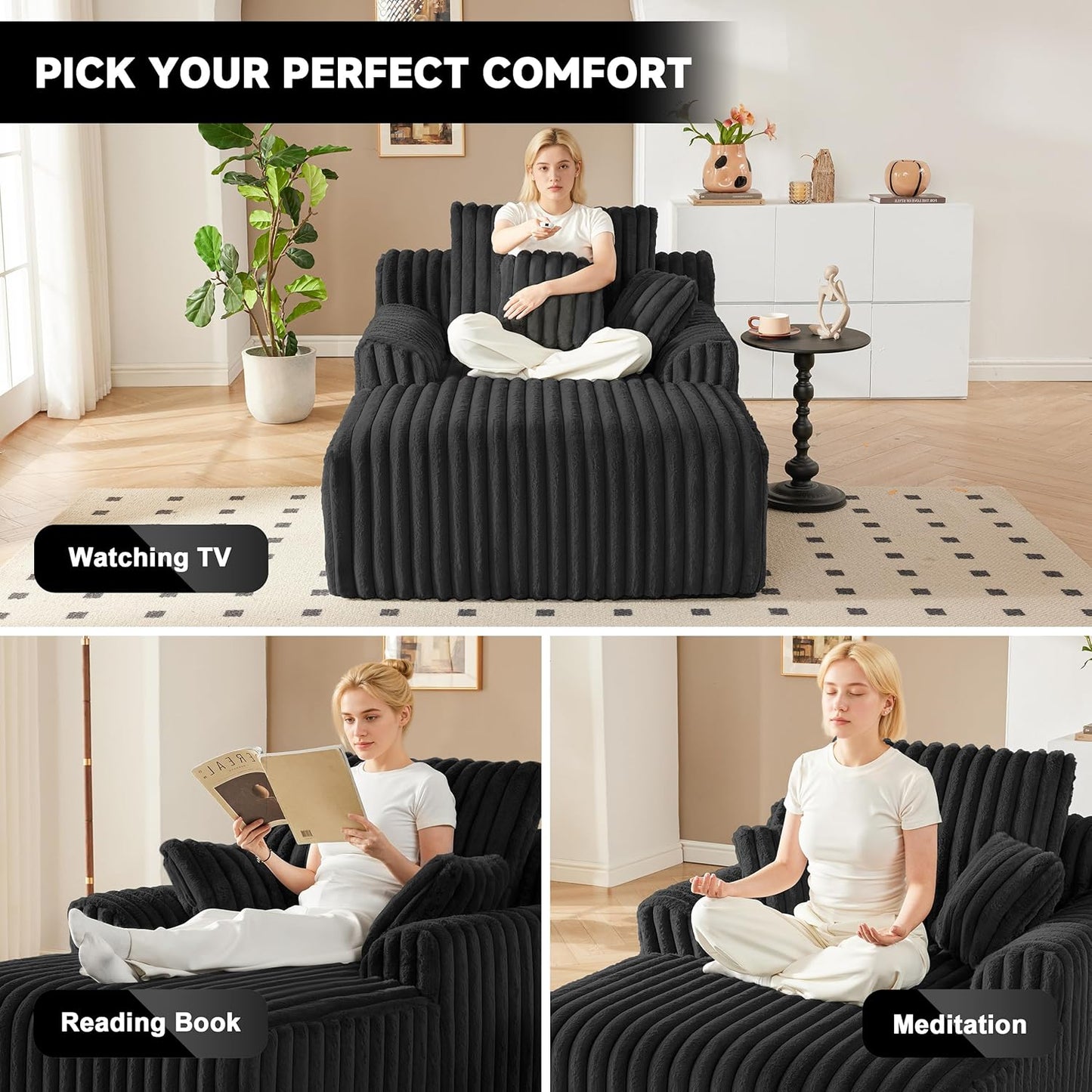 63" Oversized Chaise Lounge Chair Indoor, Boneless Couch Chair with 3 Pillows