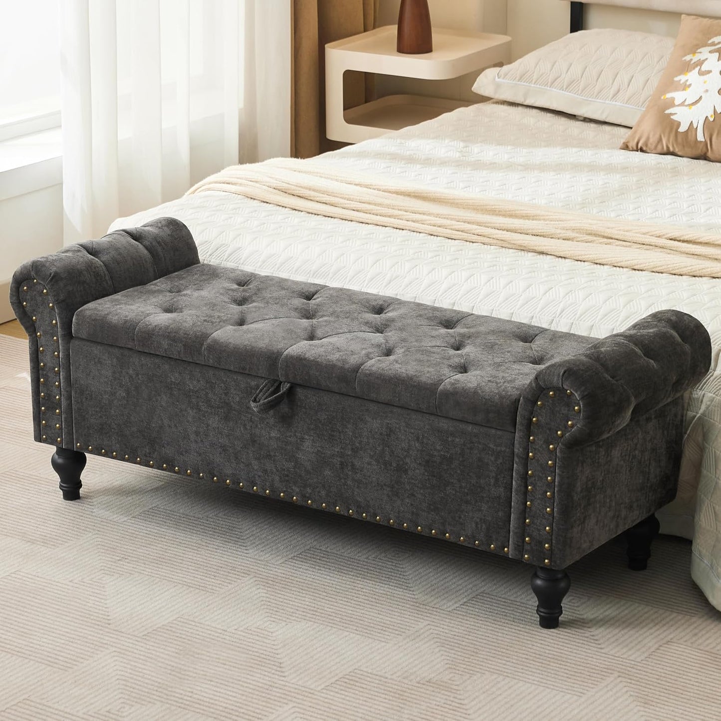 Ottoman Bench, End of Bed Bench for Bedroom, Storage Ottomans for Foot of Bed, Chenille Upholstered Benches