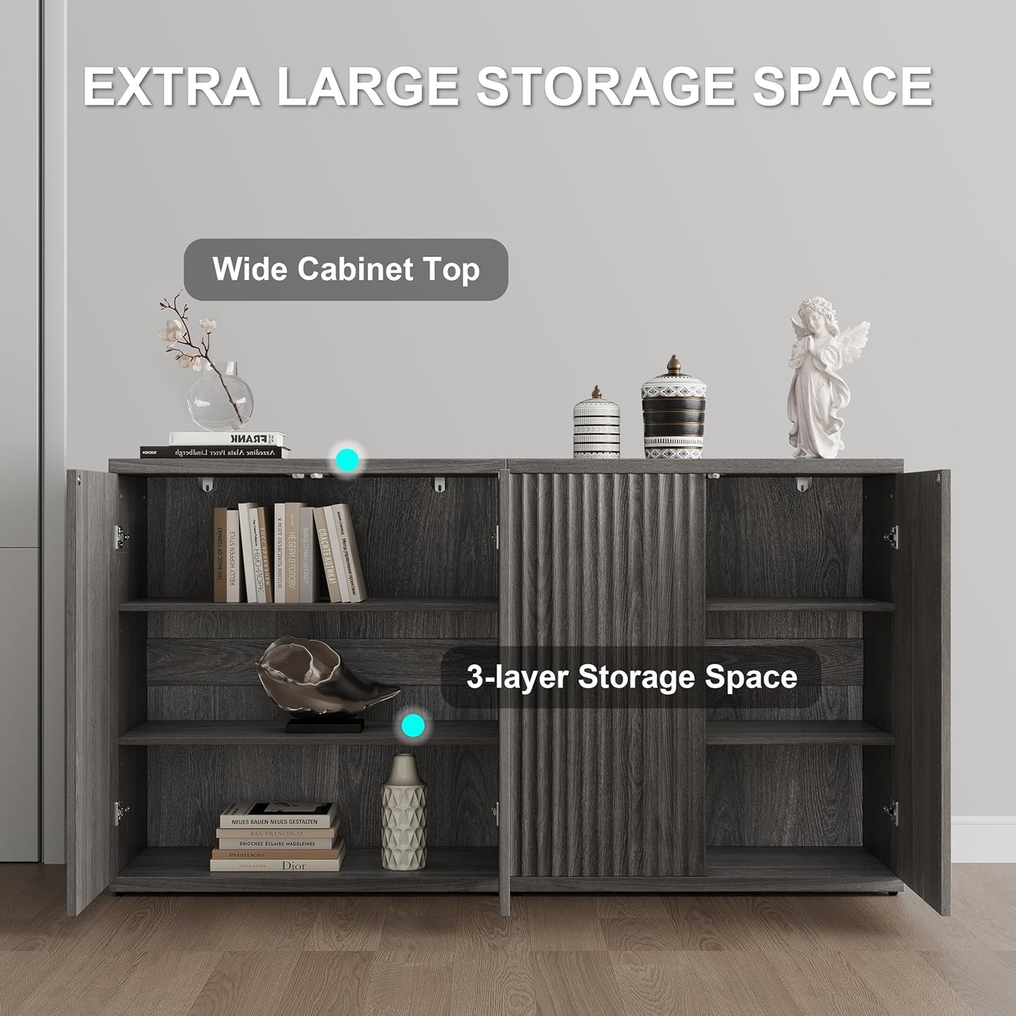 Buffet Sideboard Cabinet with Storage, 34.2" H Fluted Credenza with Adjustable Shelves