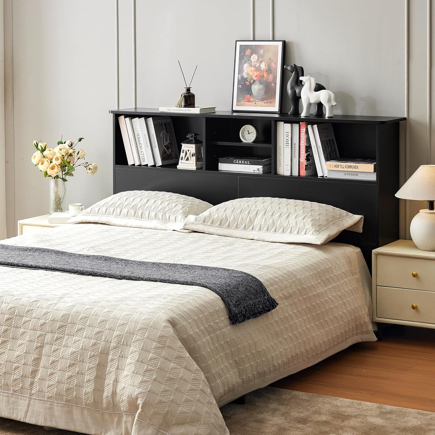 Sturdy and Durable Wood Headboards with 4 Compartments, Full/Queen Headboard with Storage