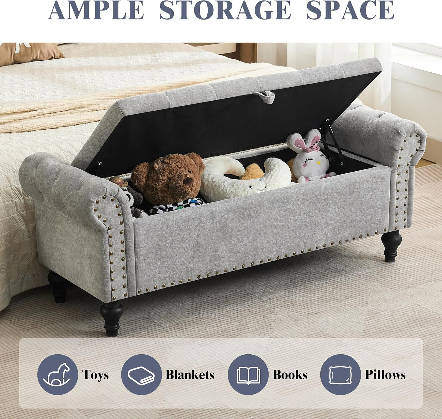Ottoman Bench, End of Bed Bench for Bedroom, Storage Ottomans for Foot of Bed, Chenille Upholstered Benches