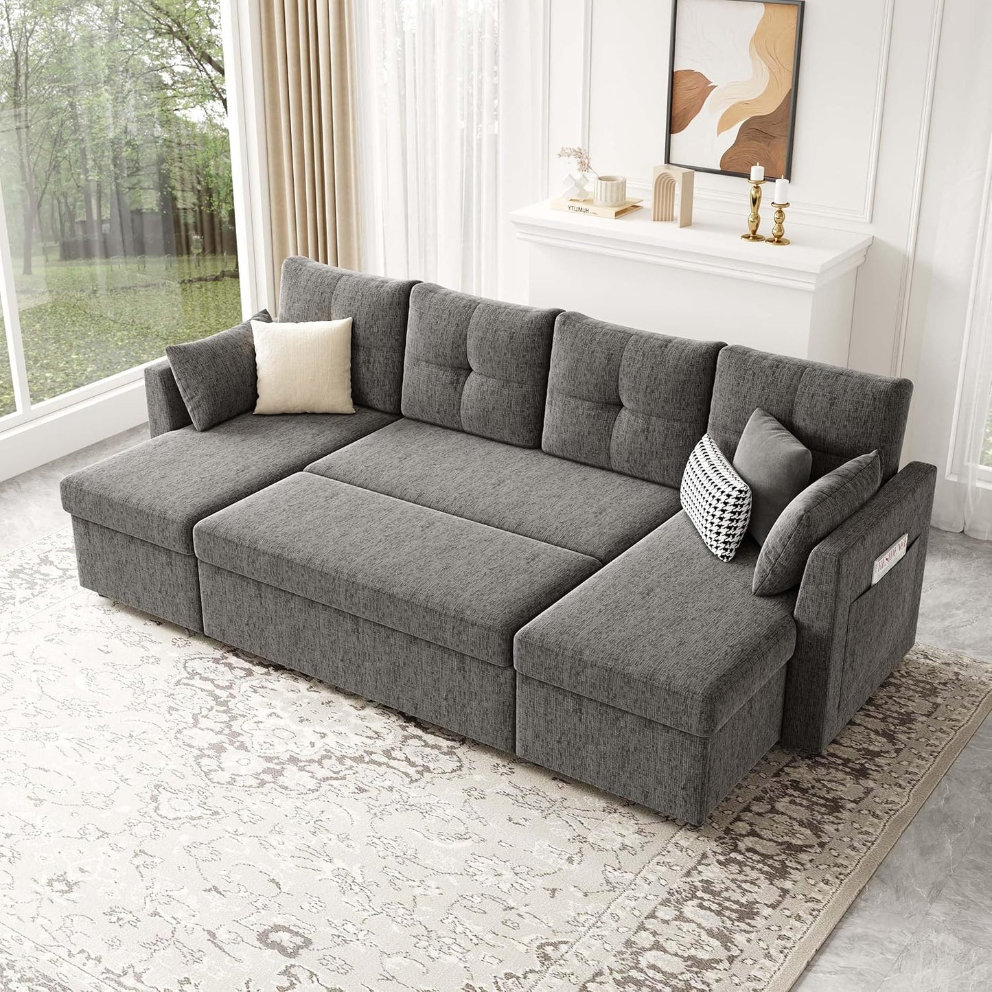 MangodanOversized Sleeper Sofa Couch, 110 inch 2 in 1 Pullout Couch Bed with Double Storage Chaise