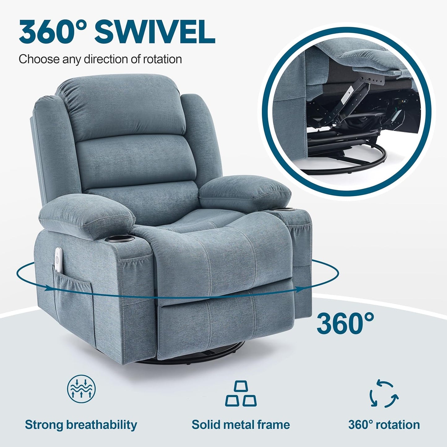 Rocker Recliner Chair with Heat and Massage, 360° Swivel Recliner Chairs for Adults, Oversized Recliner Single Sofa Seat with Cup Holders