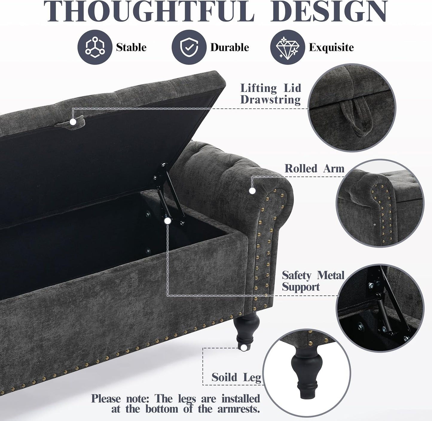 Ottoman Bench, End of Bed Bench for Bedroom, Storage Ottomans for Foot of Bed, Chenille Upholstered Benches
