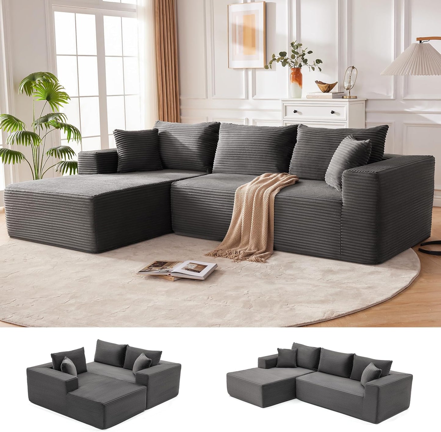 MangodanSectional Couch, Modular Sectional Sofa for Living Room, Boneless Sofa with Deep Seat, Comfy Fluffy Couch with L-Shaped Chaise