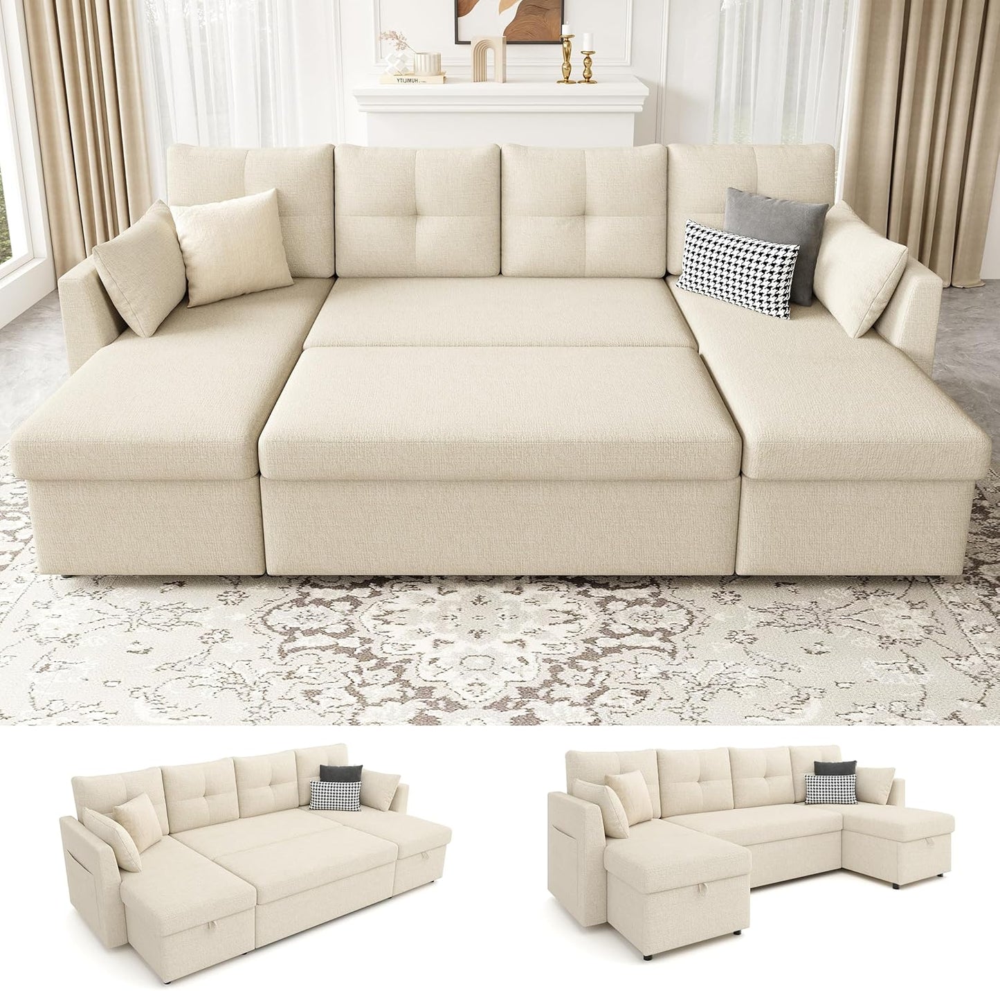 MangodanOversized Sleeper Sofa Couch, 110 inch 2 in 1 Pullout Couch Bed with Double Storage Chaise