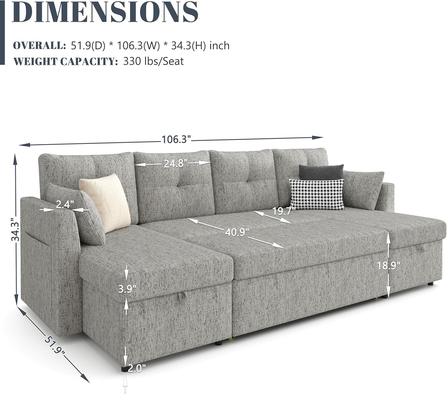 MangodanOversized Sleeper Sofa Couch, 110 inch 2 in 1 Pullout Couch Bed with Double Storage Chaise