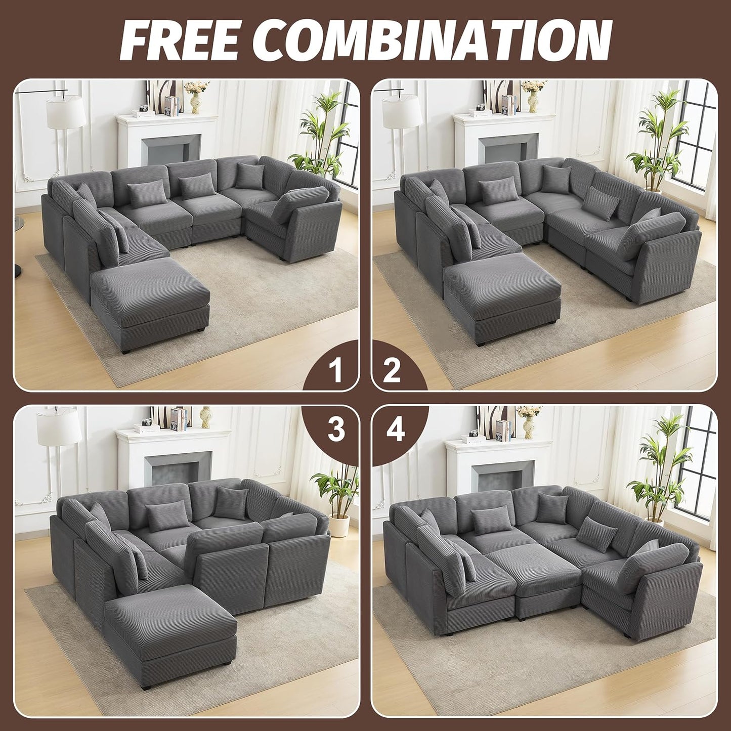 Huatean Home125 Inch Oversized Corduroy Modular Sectional Sofa, U Shaped Modular Couch with Storage