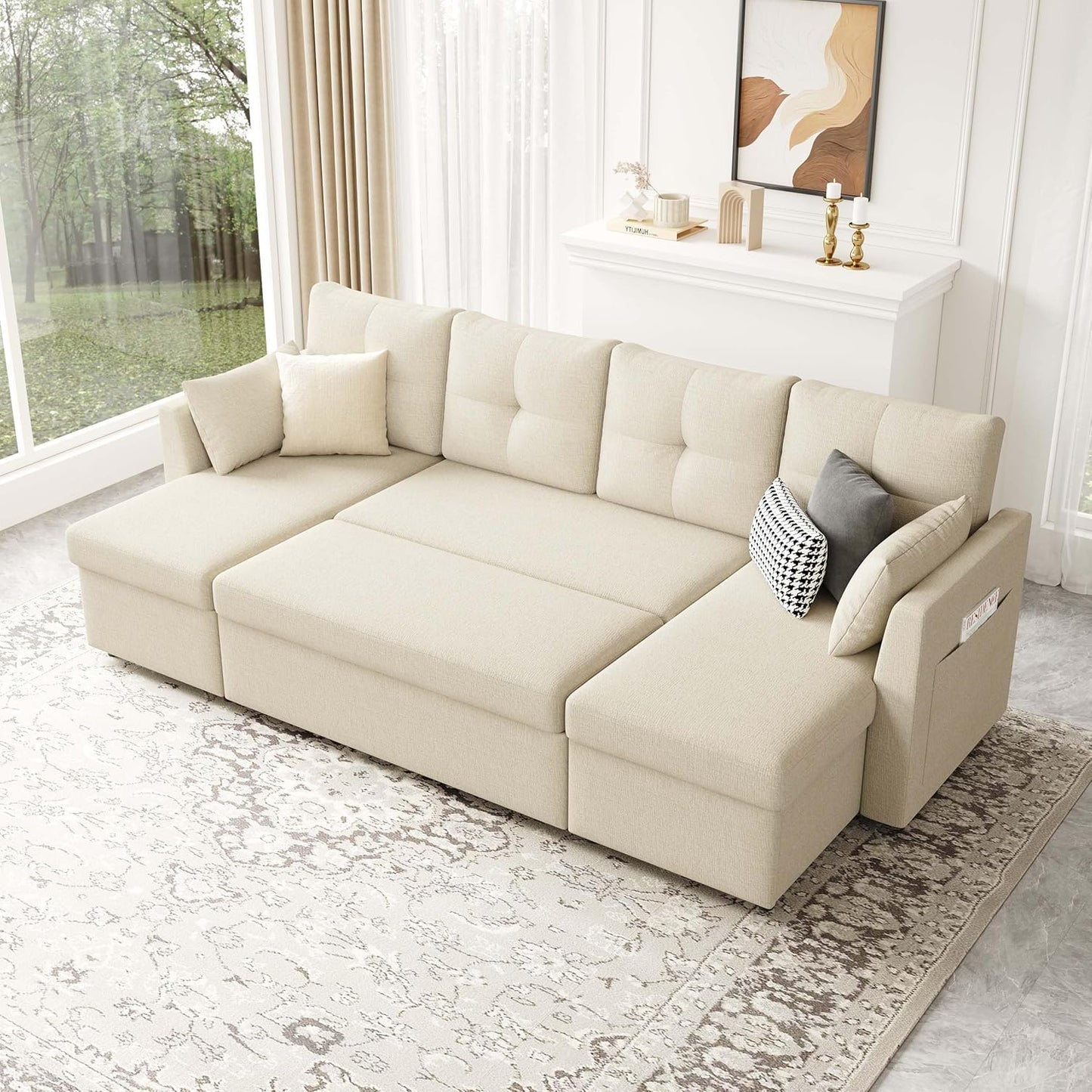 MangodanOversized Sleeper Sofa Couch, 110 inch 2 in 1 Pullout Couch Bed with Double Storage Chaise