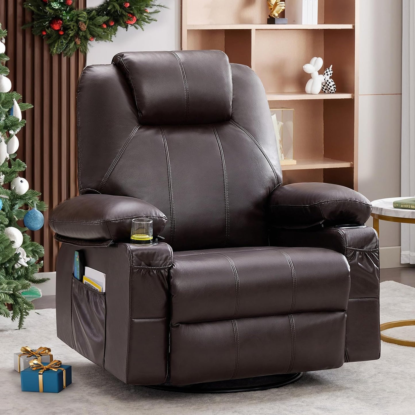 Swivel Rocker Recliner Chair with Heat and Massage, Big Oversized Rocking Single Sofa for Living Room, 360 Degree Swivel Recliner Chair with Cup Holders and USB Port