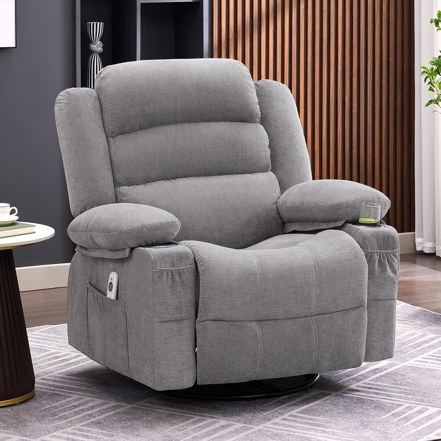 Rocker Recliner Chair with Heat and Massage, 360° Swivel Recliner Chairs for Adults, Oversized Recliner Single Sofa Seat with Cup Holders