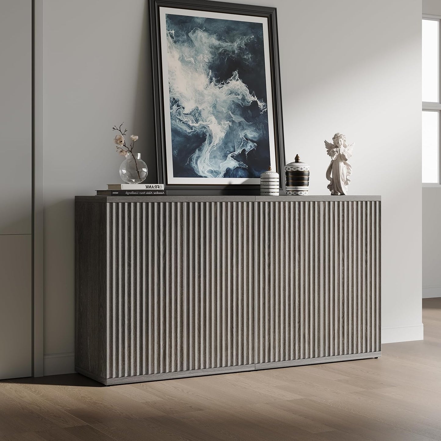 Buffet Sideboard Cabinet with Storage, 34.2" H Fluted Credenza with Adjustable Shelves