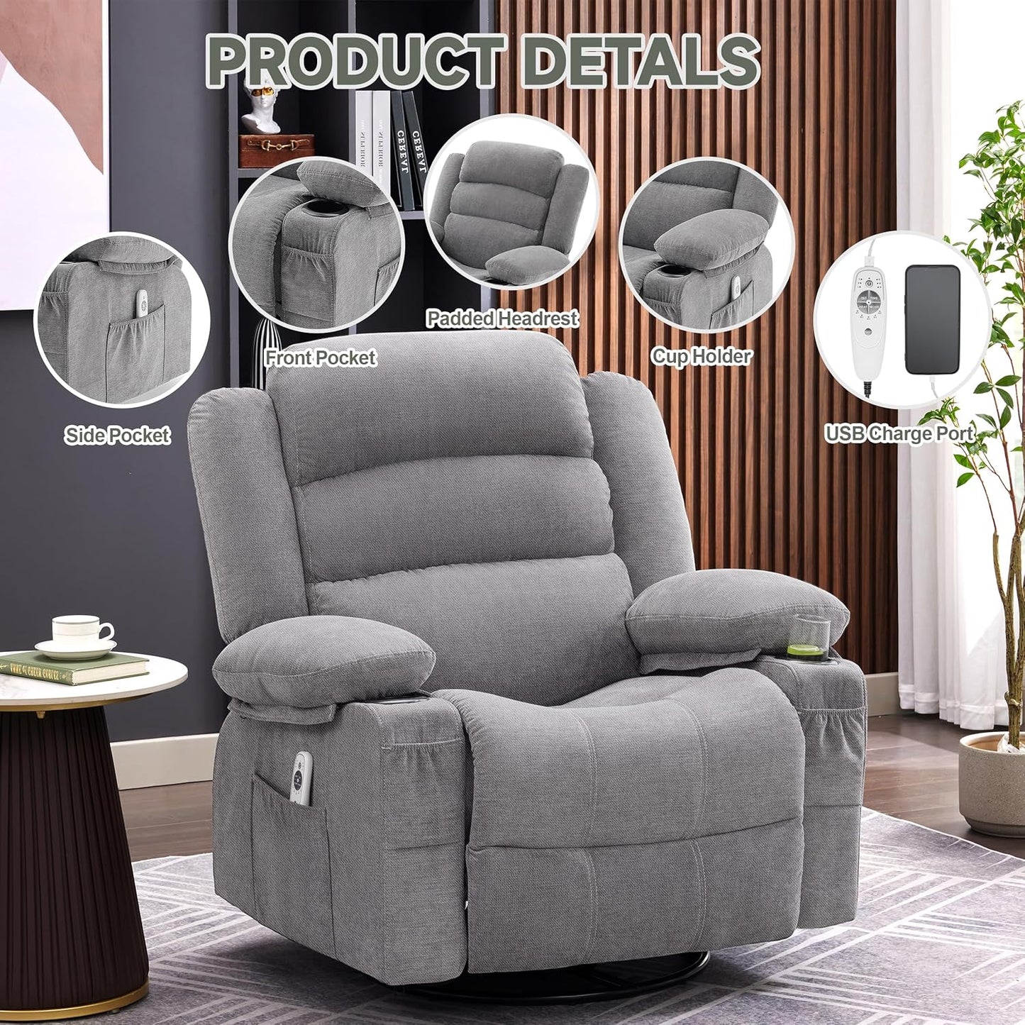 Rocker Recliner Chair with Heat and Massage, 360° Swivel Recliner Chairs for Adults, Oversized Recliner Single Sofa Seat with Cup Holders