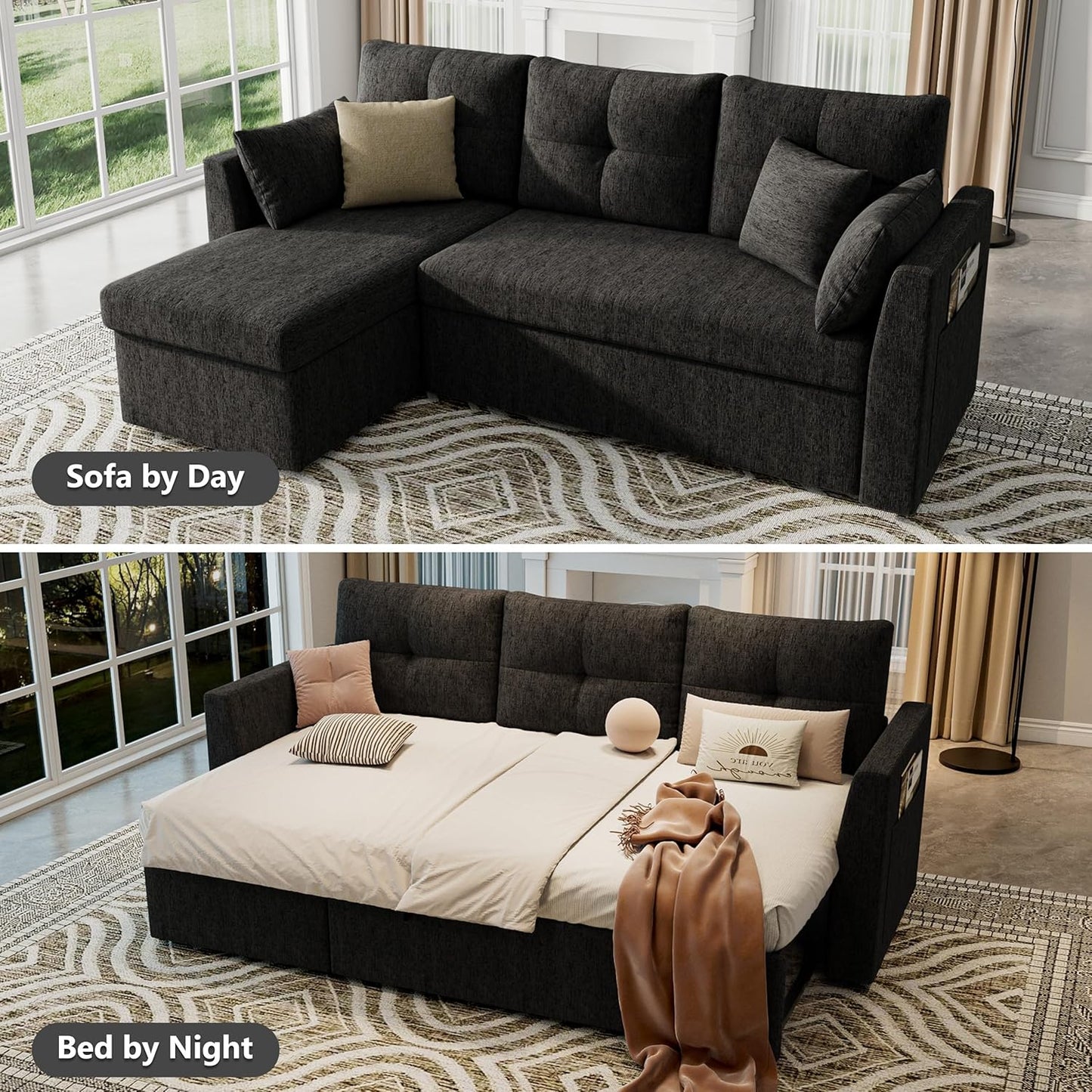 MangodanOversized Sleeper Sofa Couch, 110 inch 2 in 1 Pullout Couch Bed with Double Storage Chaise