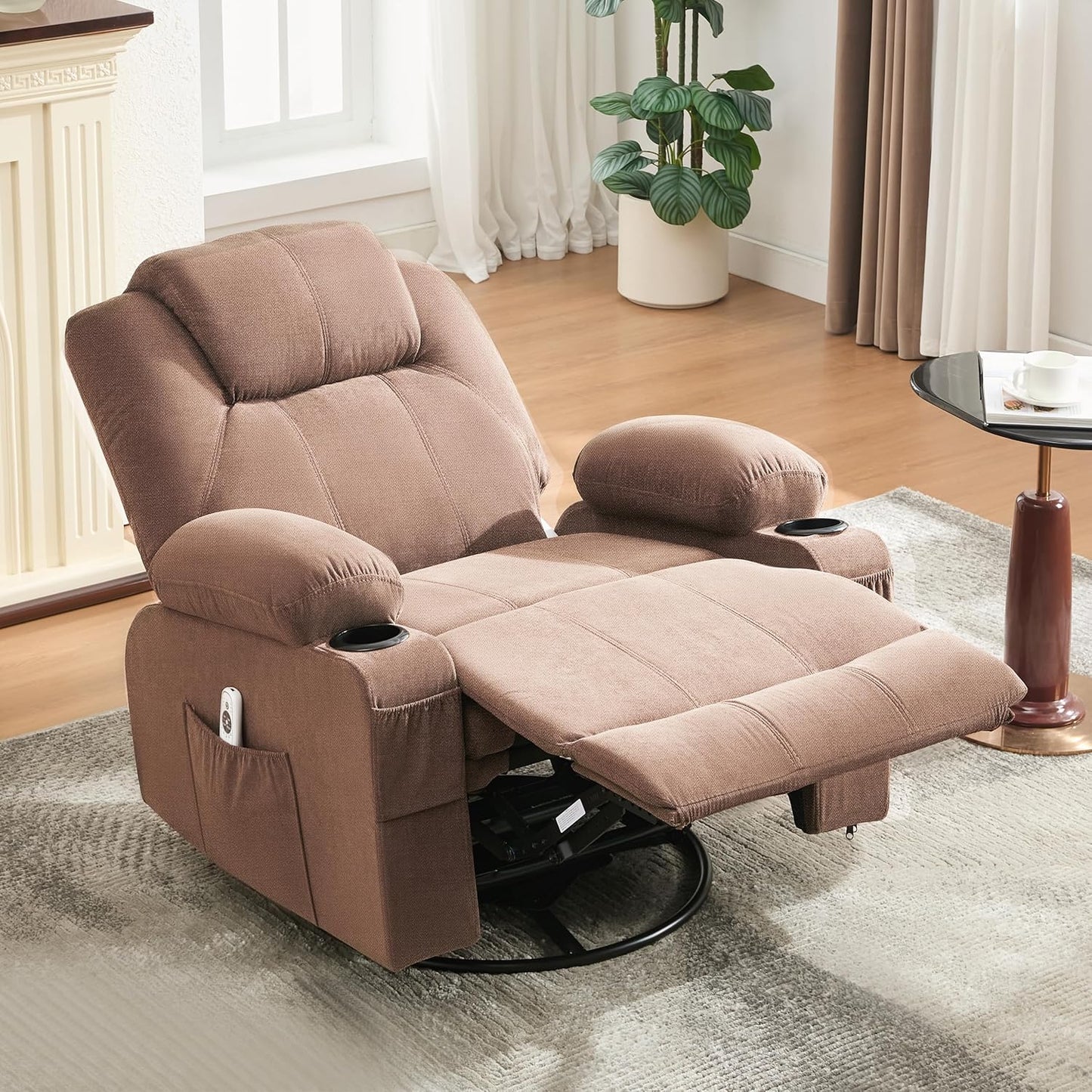Swivel Rocker Recliner Chair with Heat and Massage, Big Oversized Rocking Single Sofa for Living Room, 360 Degree Swivel Recliner Chair with Cup Holders and USB Port