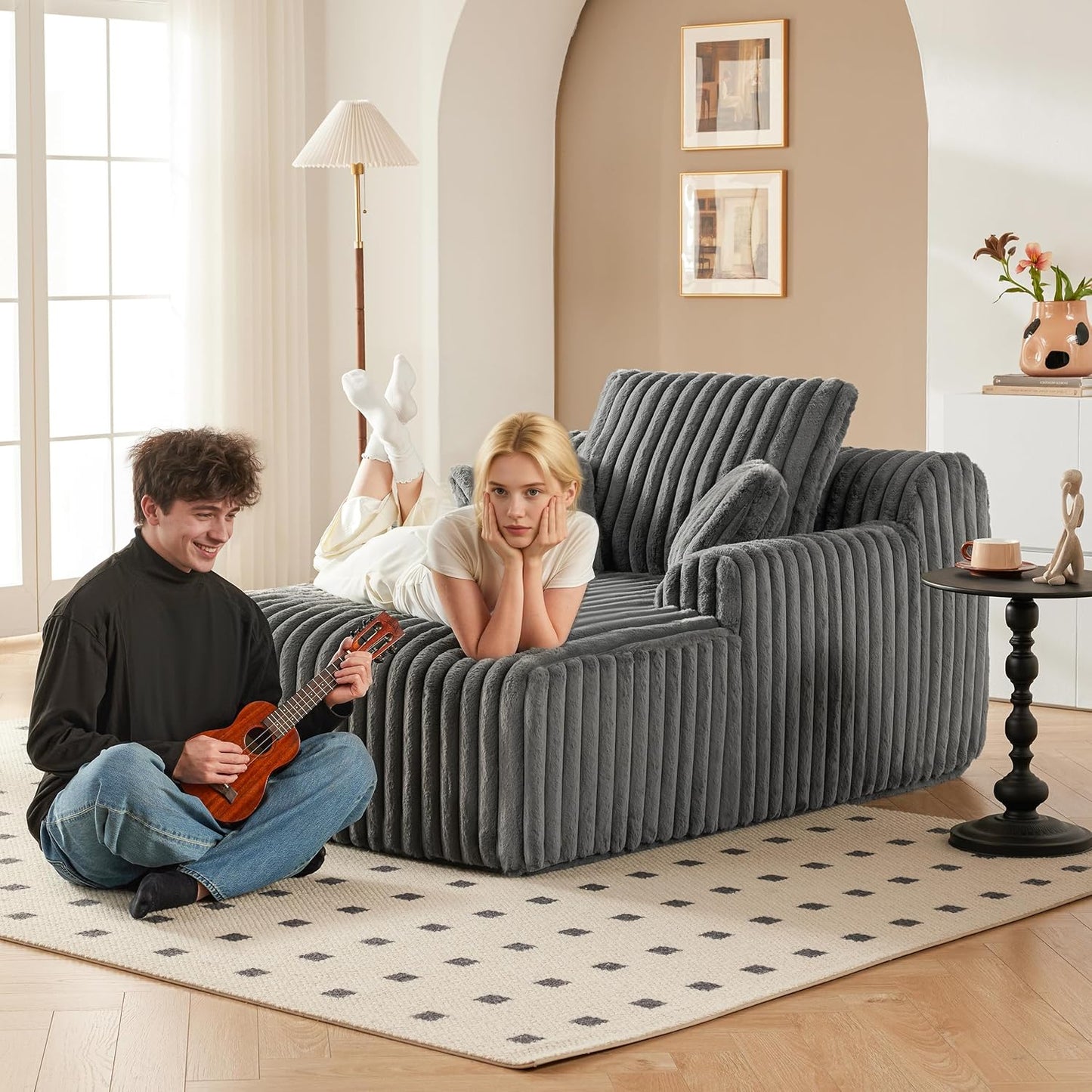 63" Oversized Chaise Lounge Chair Indoor, Boneless Couch Chair with 3 Pillows