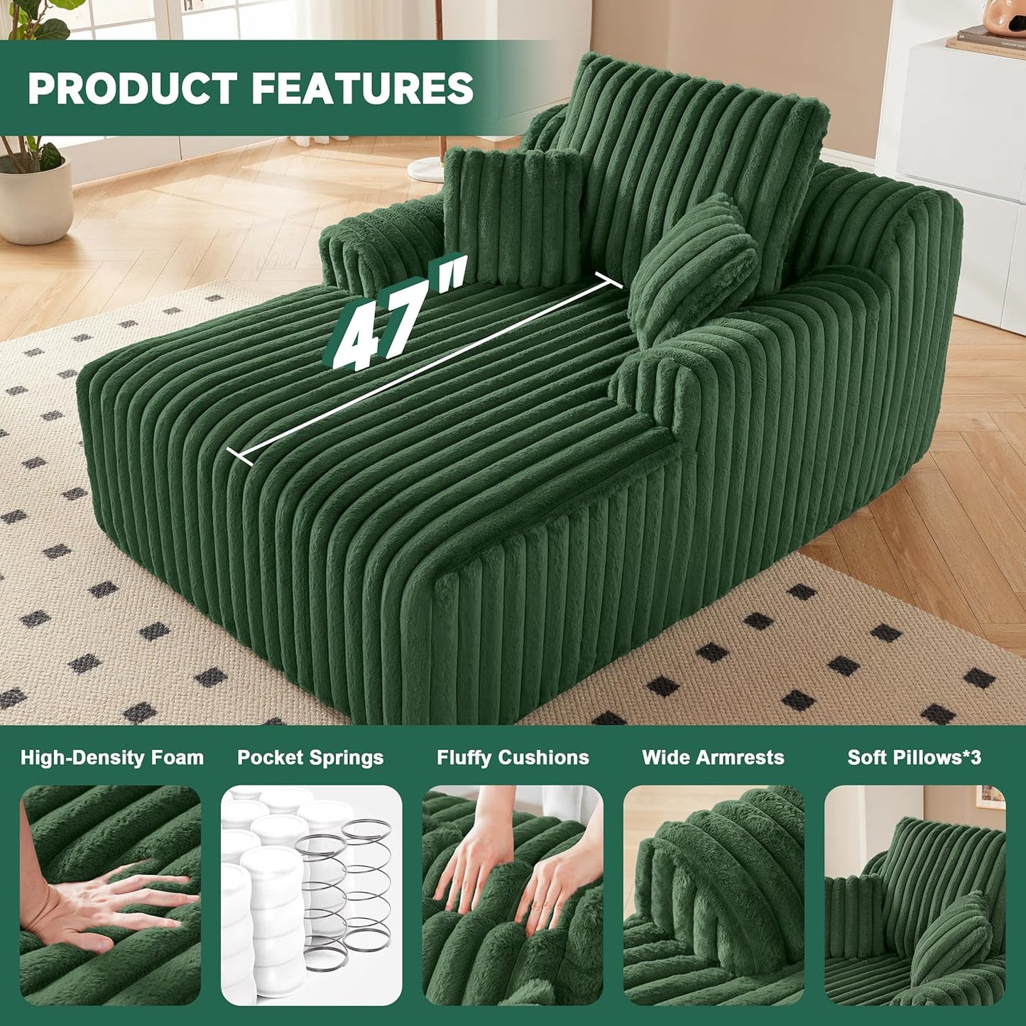 63" Oversized Chaise Lounge Chair Indoor, Boneless Couch Chair with 3 Pillows