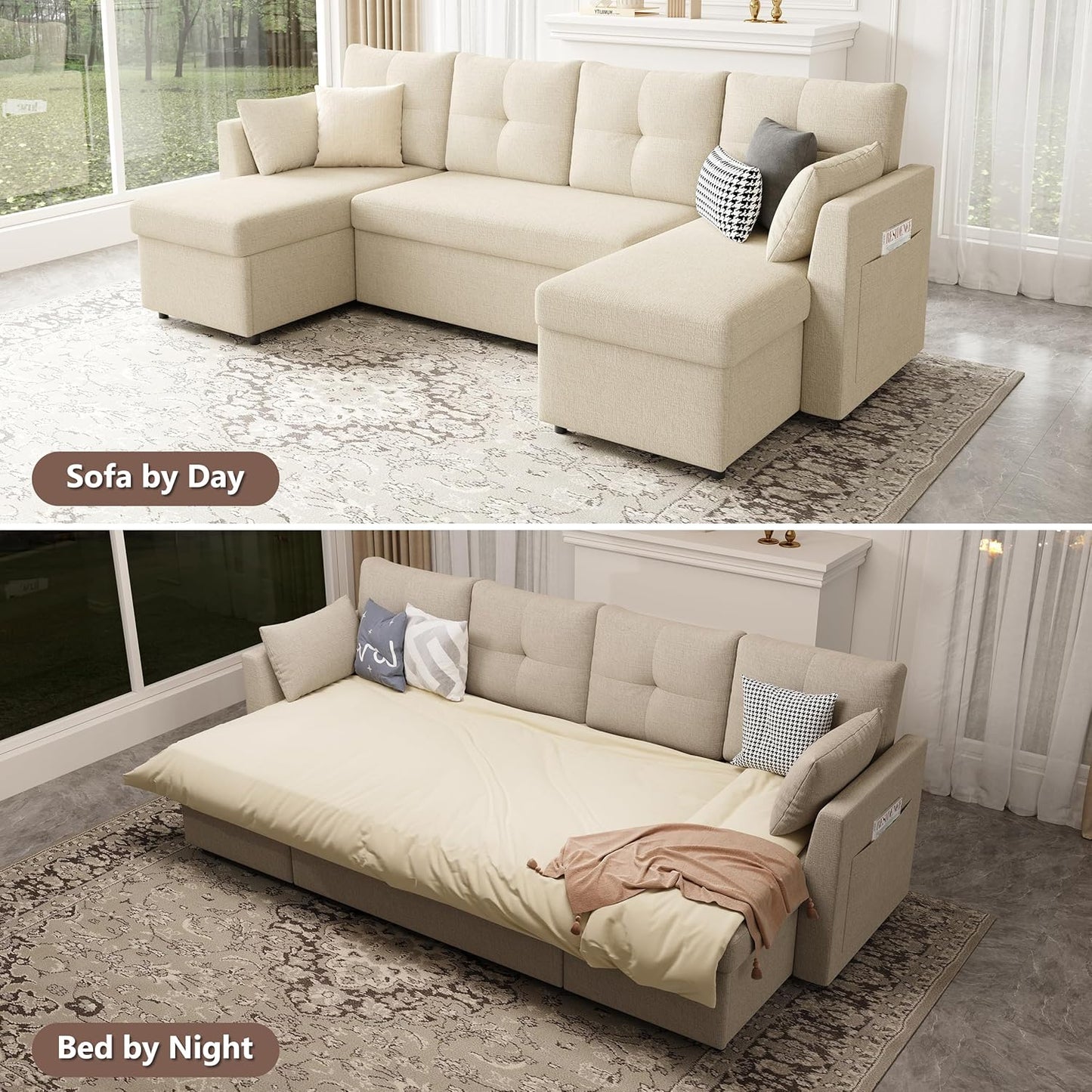 MangodanOversized Sleeper Sofa Couch, 110 inch 2 in 1 Pullout Couch Bed with Double Storage Chaise