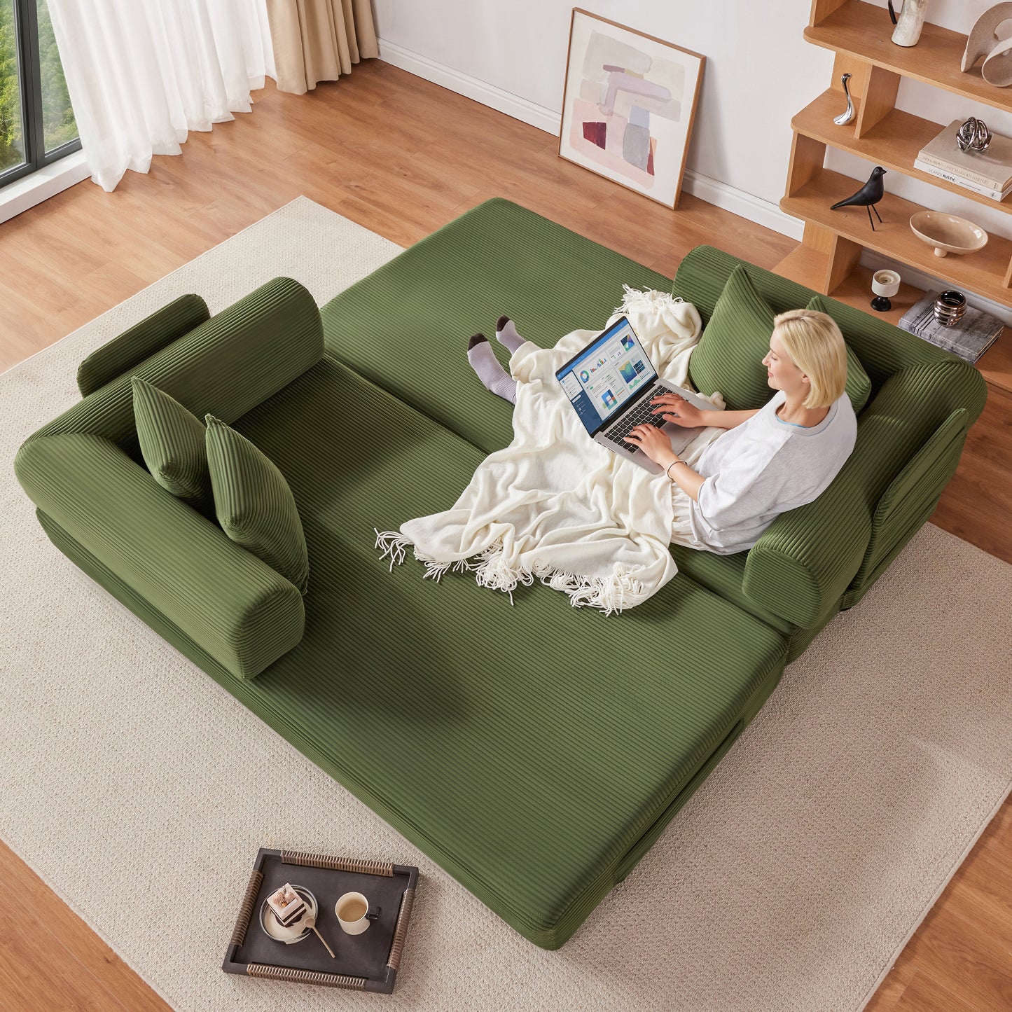 78 Inch Corduroy Convertible Sleeper Sofa Bed, 4-in-1 Oversized Futon Boneless Couches for Living Room with Fixed-Shape Frame