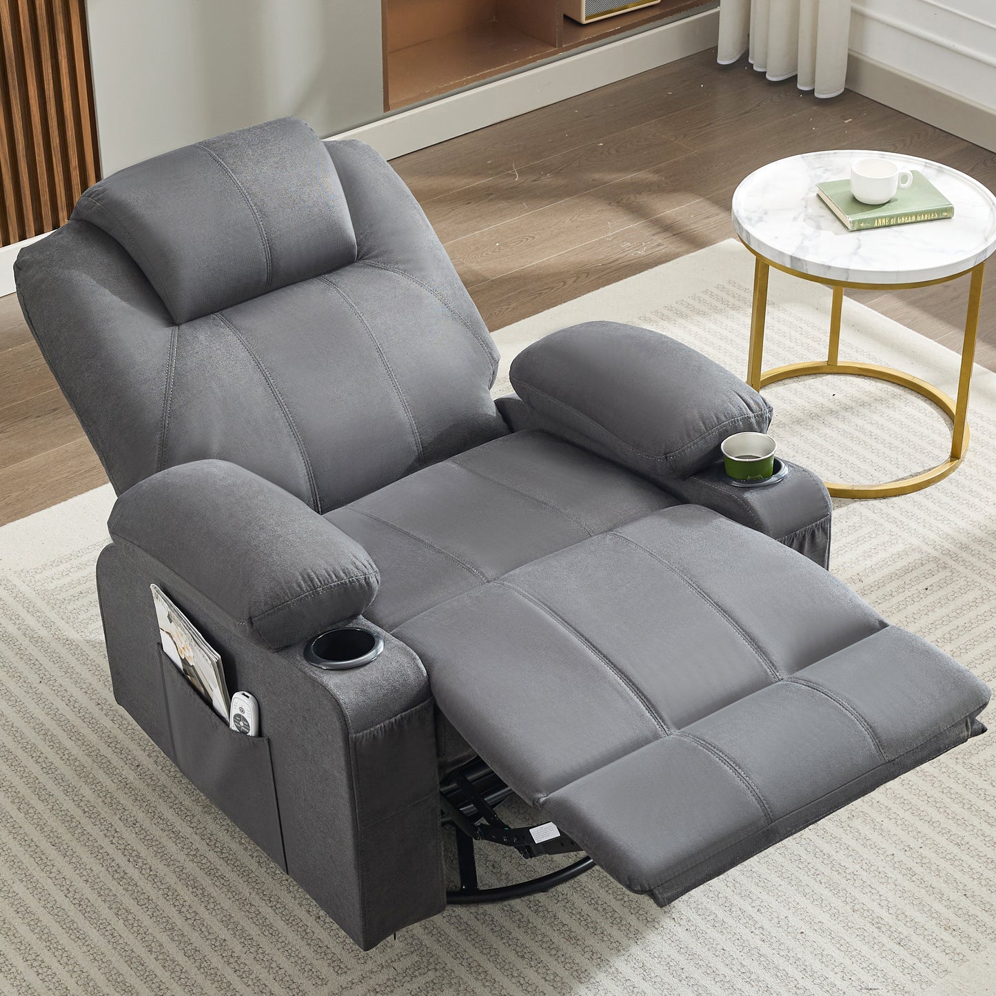 Swivel Rocker Recliner Chair with Heat and Massage, Big Oversized Rocking Single Sofa for Living Room, 360 Degree Swivel Recliner Chair with Cup Holders and USB Port