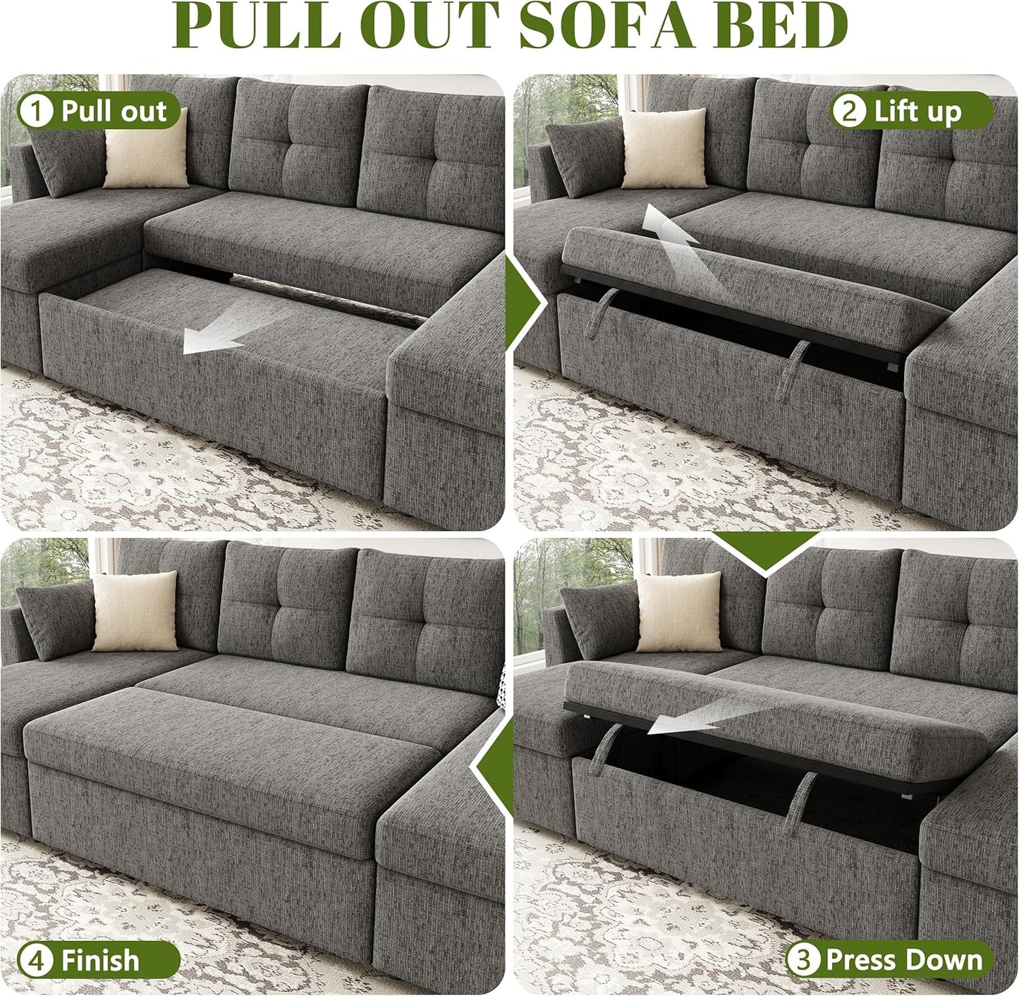 MangodanOversized Sleeper Sofa Couch, 110 inch 2 in 1 Pullout Couch Bed with Double Storage Chaise