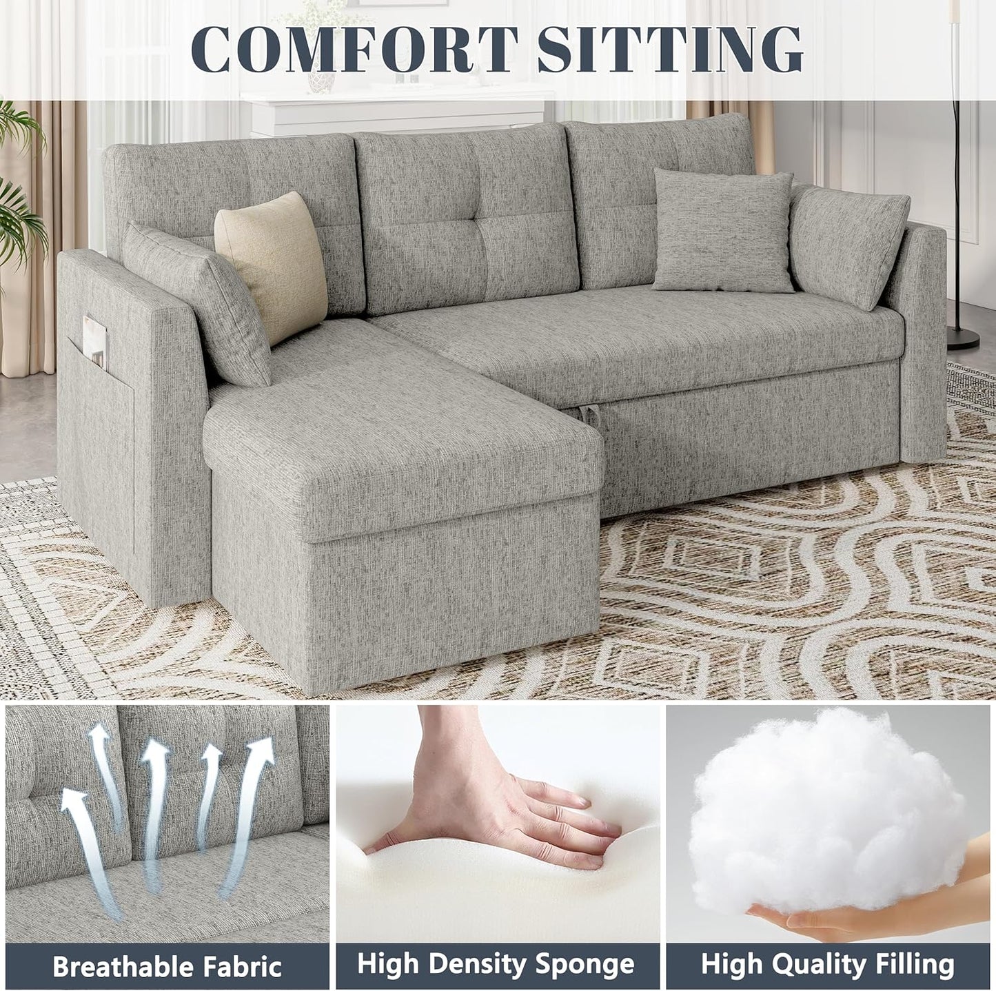 MangodanOversized Sleeper Sofa Couch, 110 inch 2 in 1 Pullout Couch Bed with Double Storage Chaise