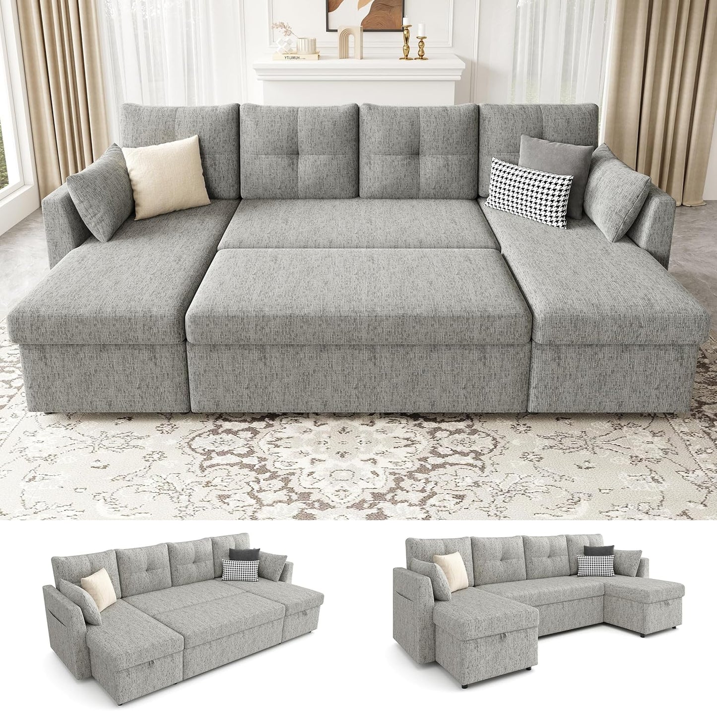 MangodanOversized Sleeper Sofa Couch, 110 inch 2 in 1 Pullout Couch Bed with Double Storage Chaise