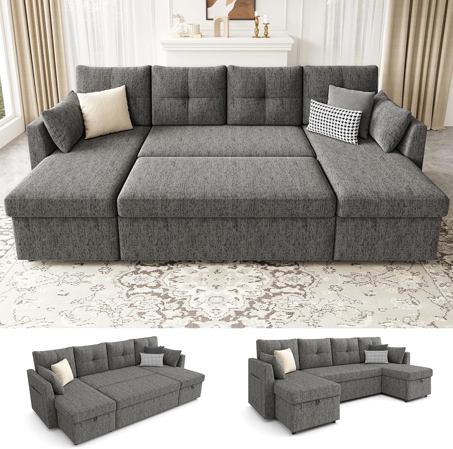 MangodanOversized Sleeper Sofa Couch, 110 inch 2 in 1 Pullout Couch Bed with Double Storage Chaise
