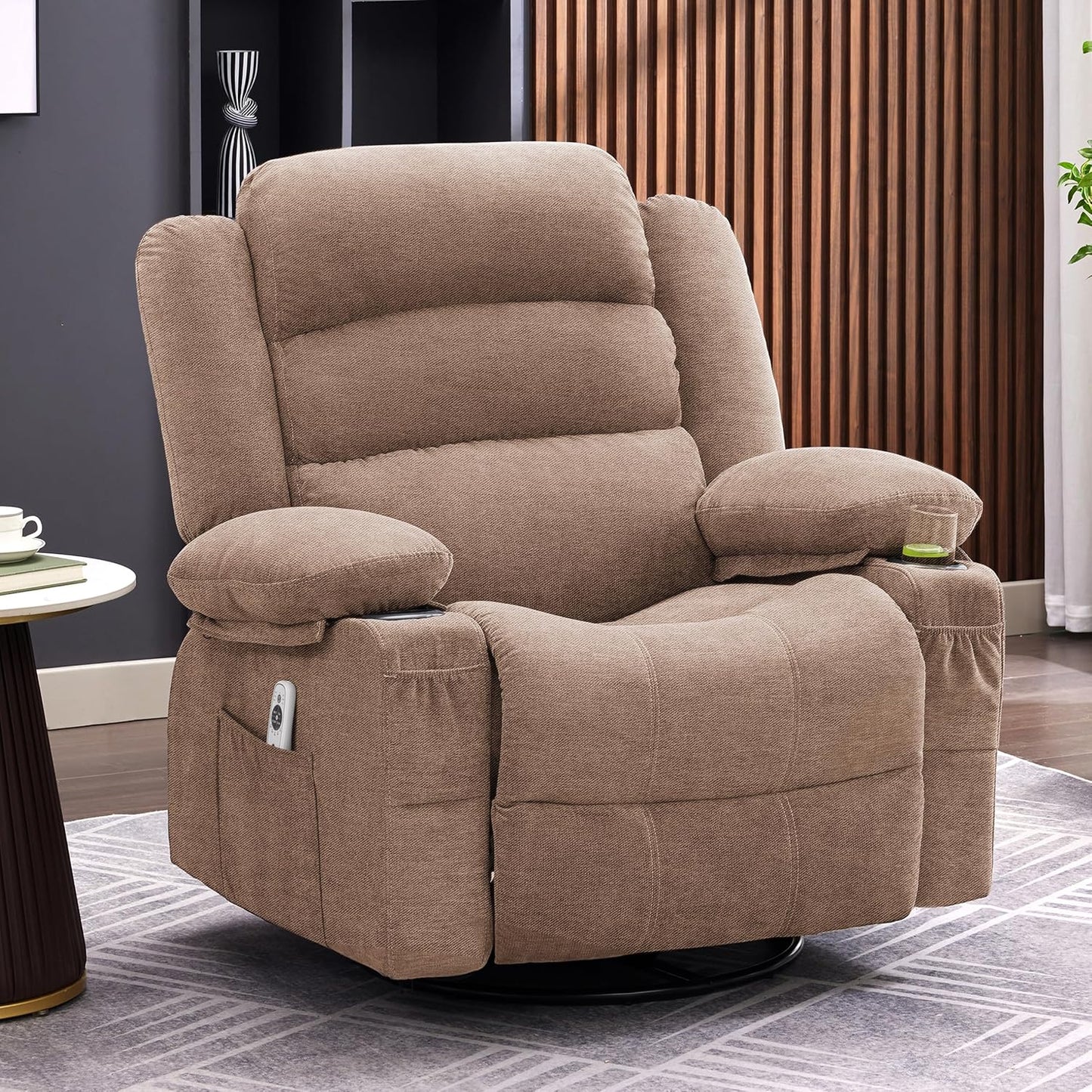 Rocker Recliner Chair with Heat and Massage, 360° Swivel Recliner Chairs for Adults, Oversized Recliner Single Sofa Seat with Cup Holders
