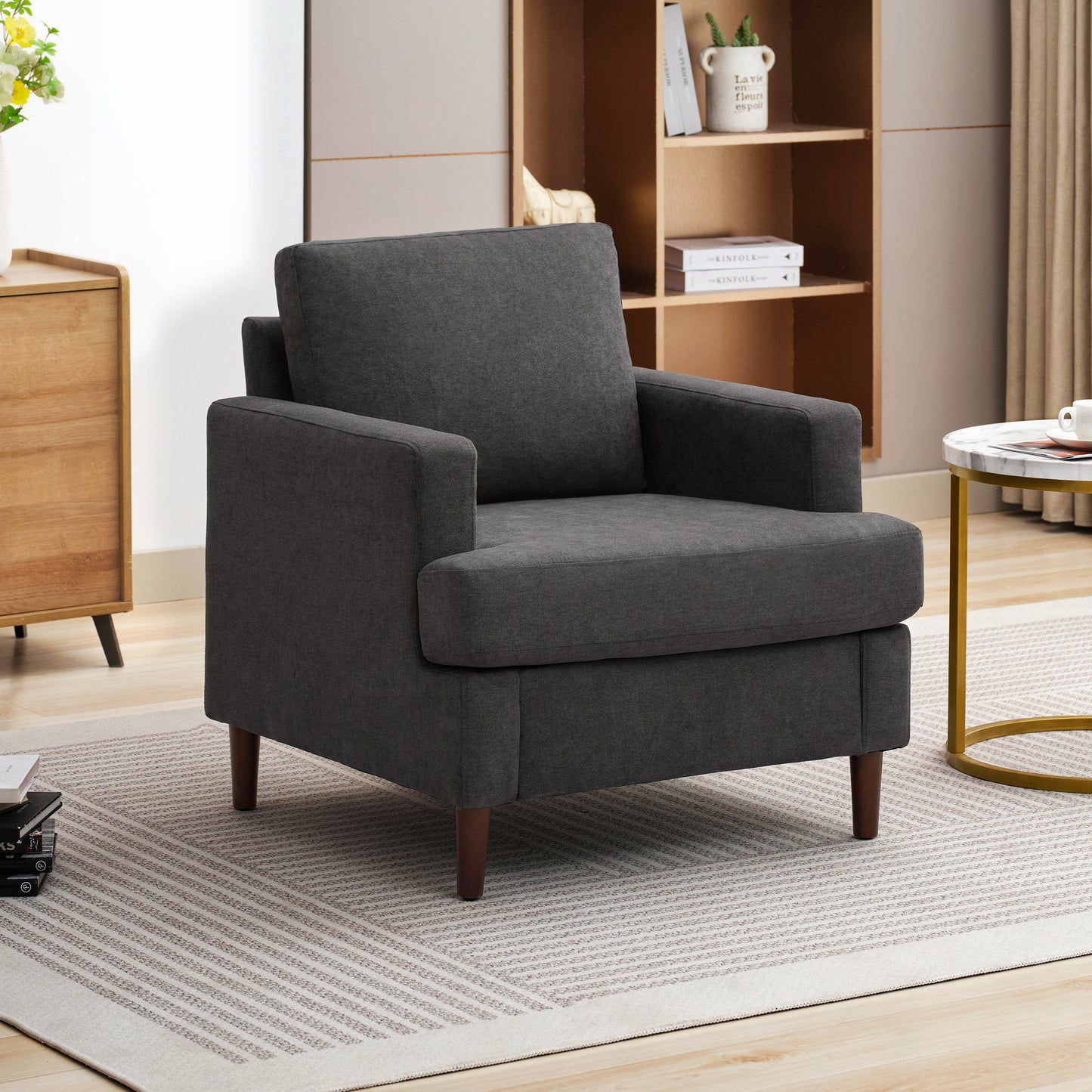 Mid-Century Accent Chair,Modern Linen Fabric Armchair for Living Room