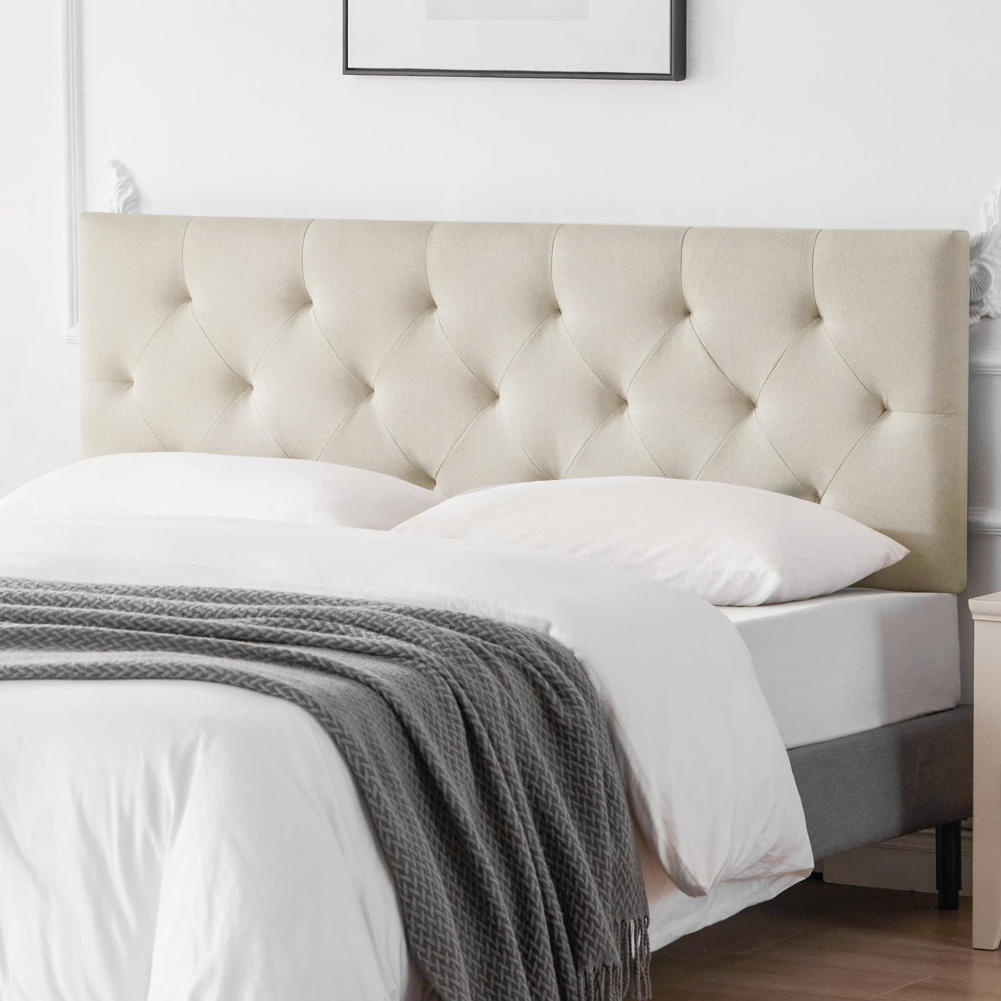 Linen Upholstered Headboard , Modern Diamond Tufting Solid WoodHeadboard