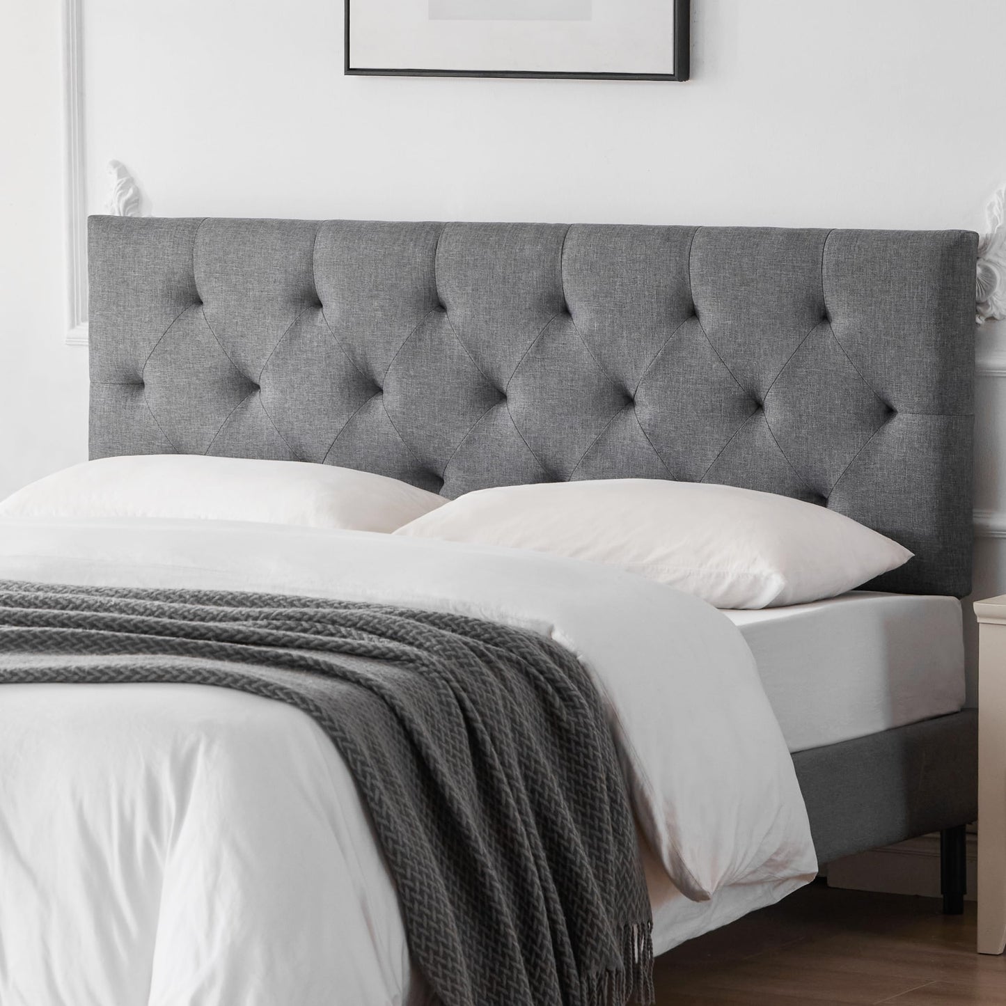 Linen Upholstered Headboard , Modern Diamond Tufting Solid WoodHeadboard