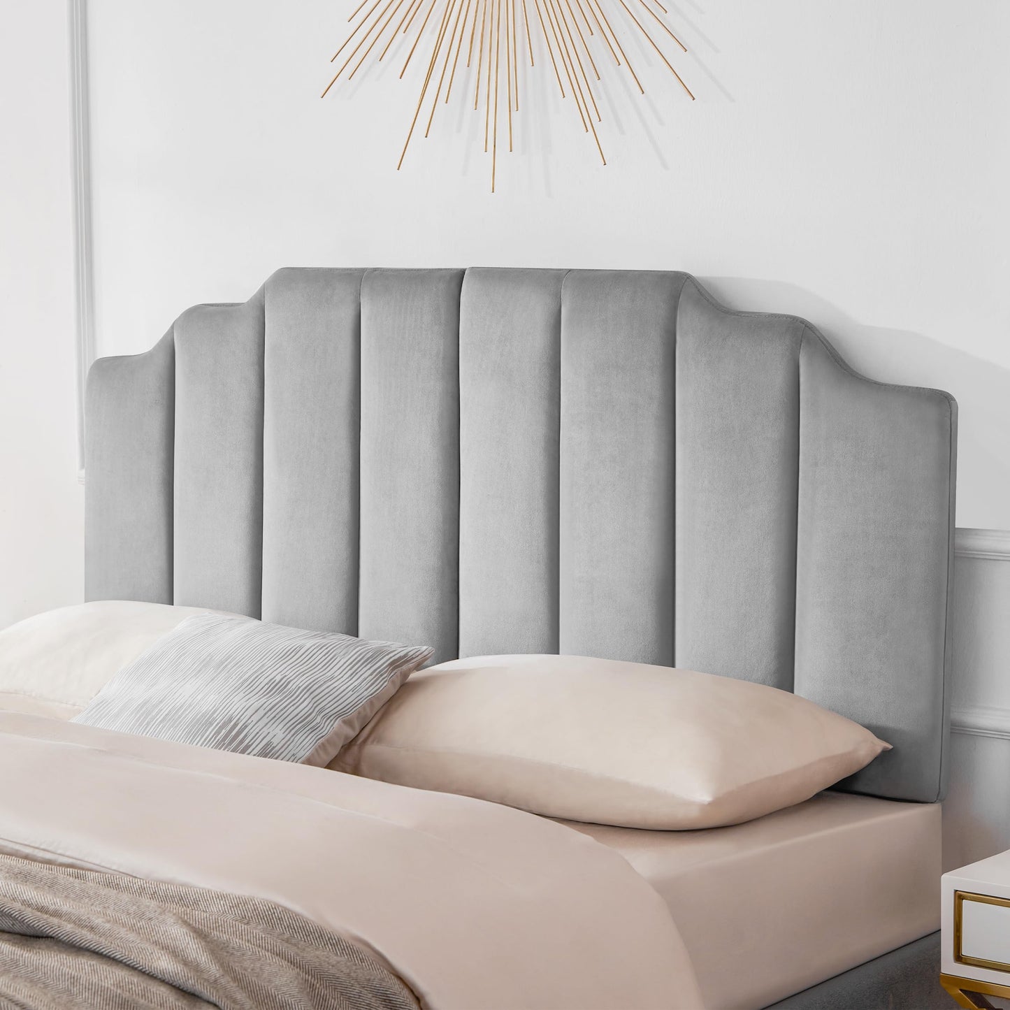 Velvet Head Board,Elegantly Curved Headboards only, Modern Vertical Channel Design Bed Head Board