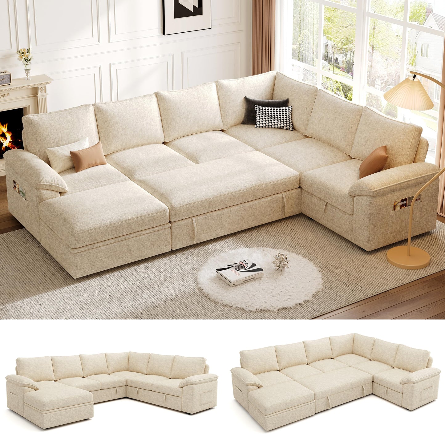 MangodanModular Sectional Sofa with Pull Out BedSectional Couches for Living Room,Cloud Modular Couch,Removable Sofa Cover