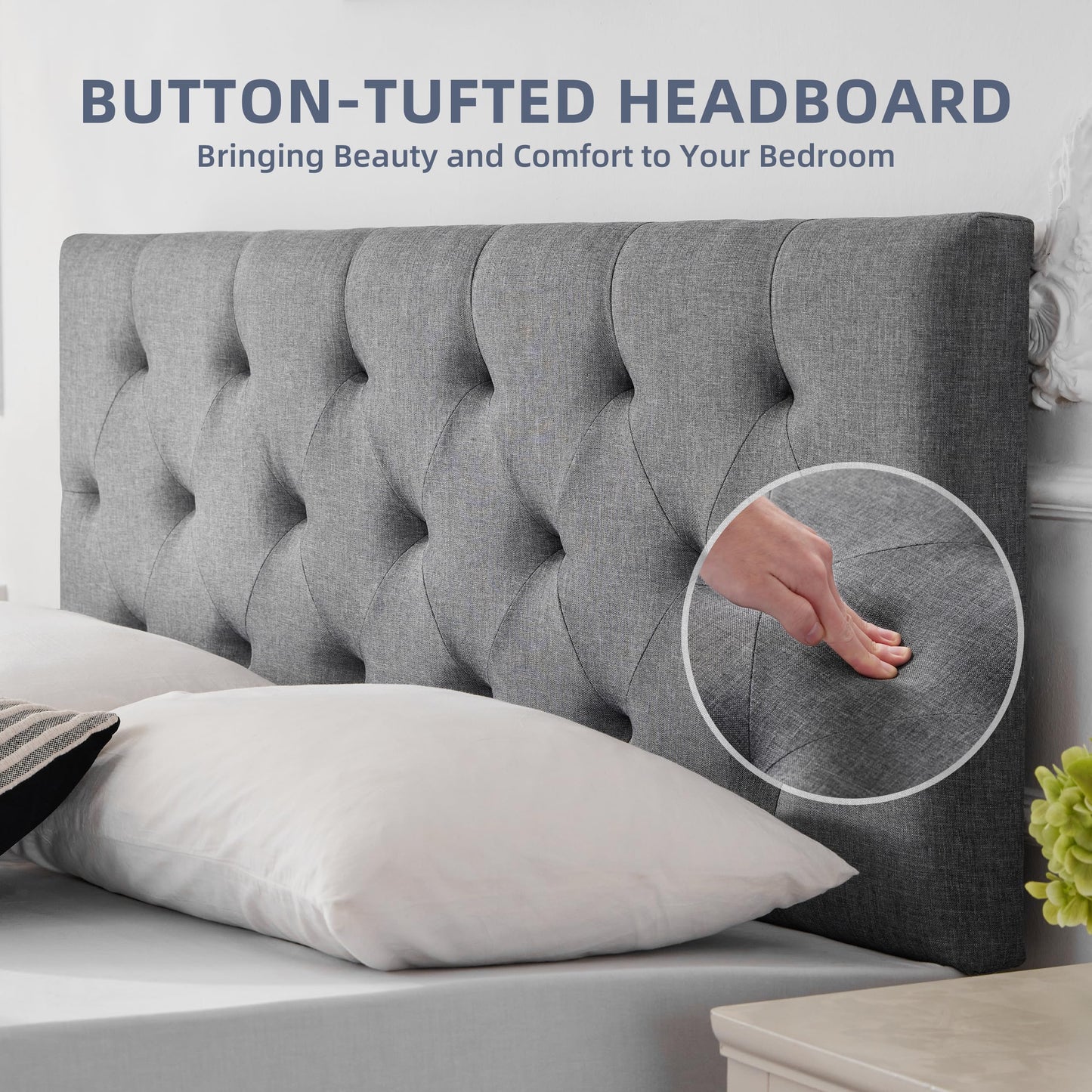 Linen Upholstered Headboard , Modern Diamond Tufting Solid WoodHeadboard