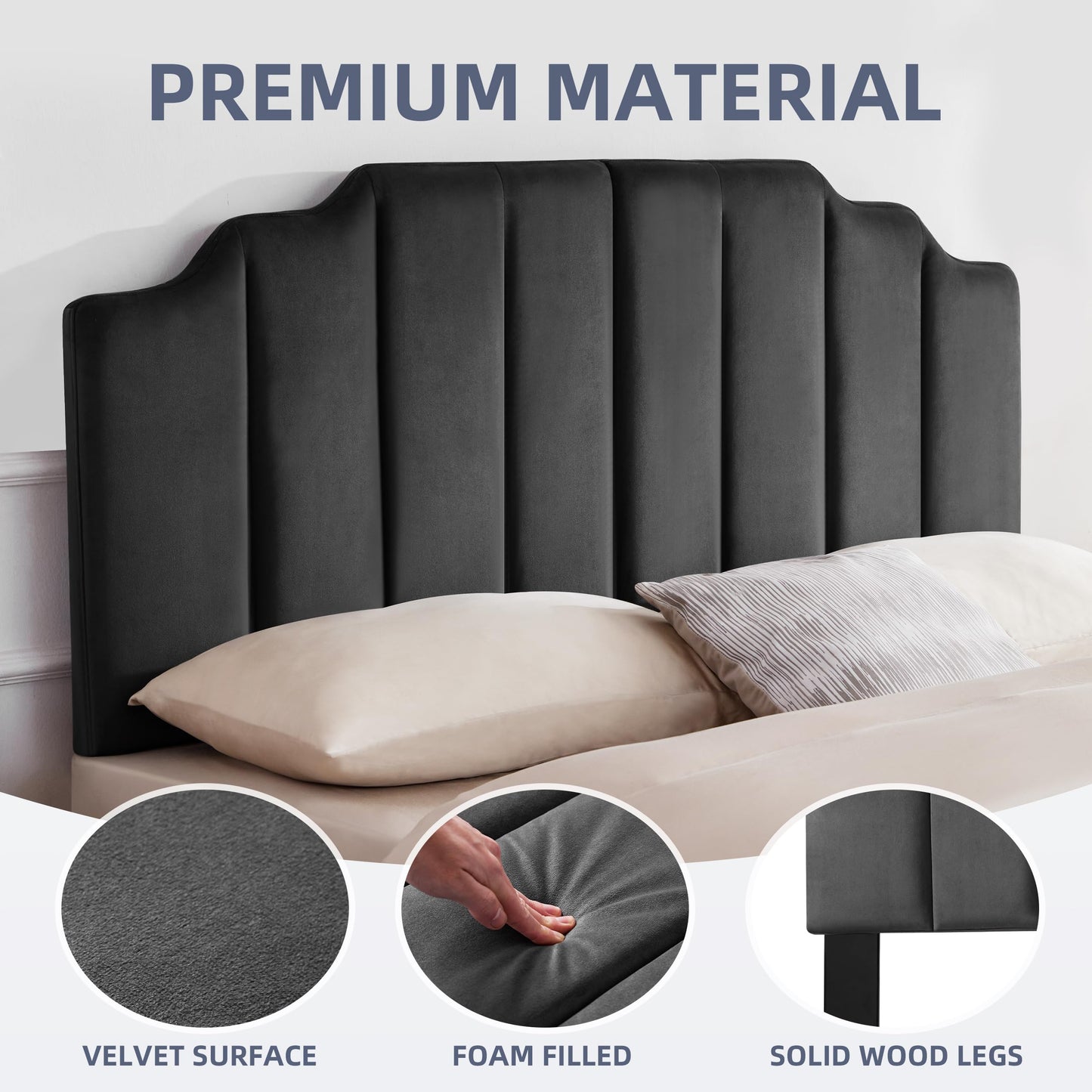 Velvet Head Board,Elegantly Curved Headboards only, Modern Vertical Channel Design Bed Head Board