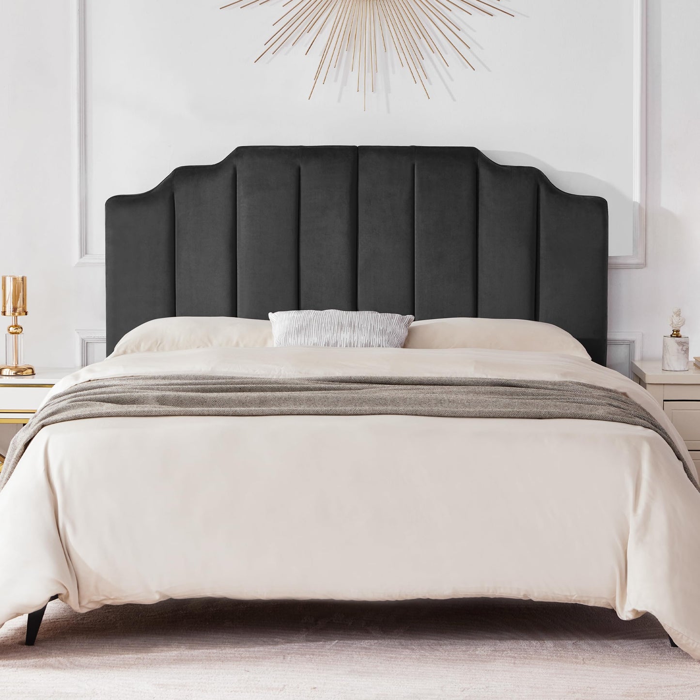 Velvet Head Board,Elegantly Curved Headboards only, Modern Vertical Channel Design Bed Head Board