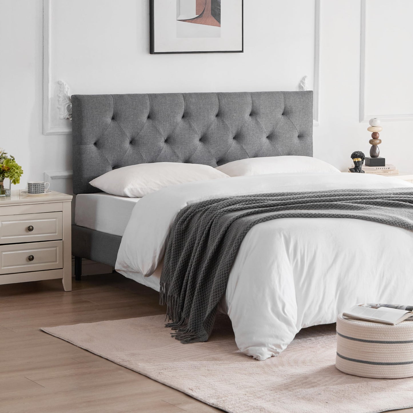 Linen Upholstered Headboard , Modern Diamond Tufting Solid WoodHeadboard