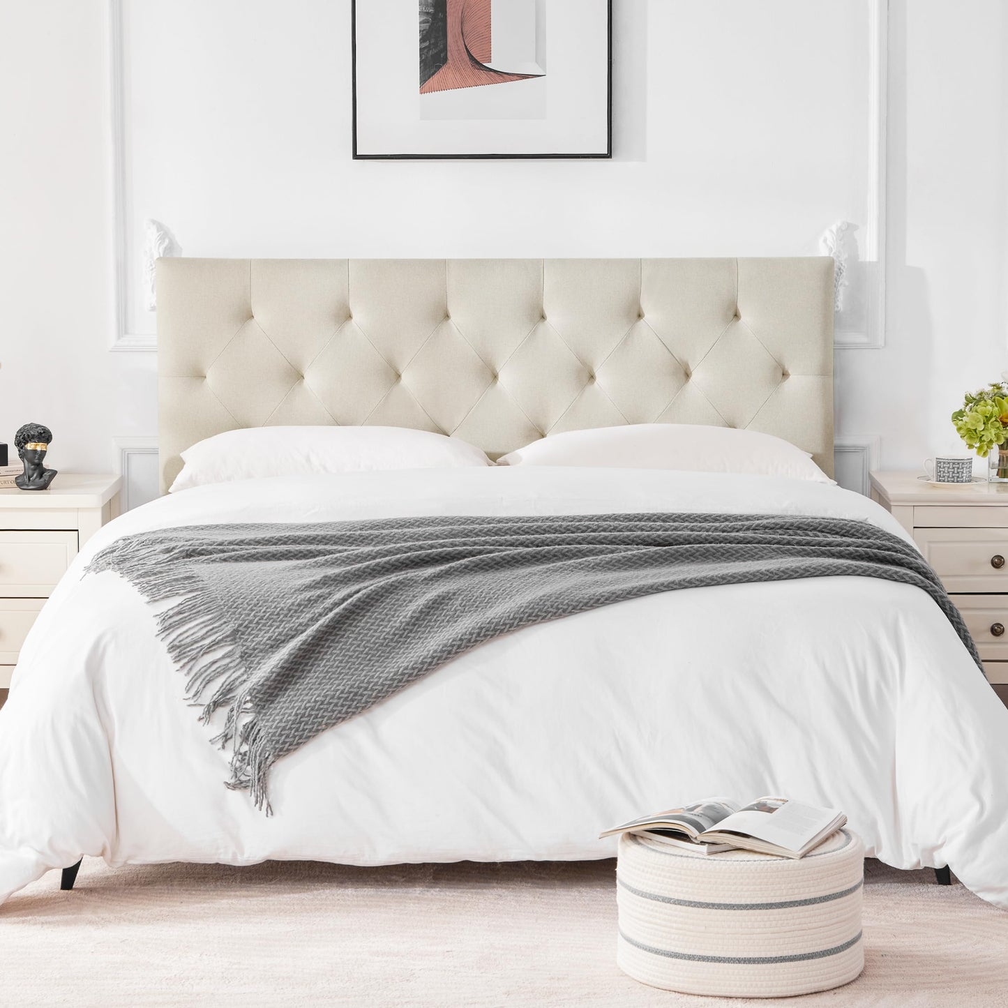 Linen Upholstered Headboard , Modern Diamond Tufting Solid WoodHeadboard