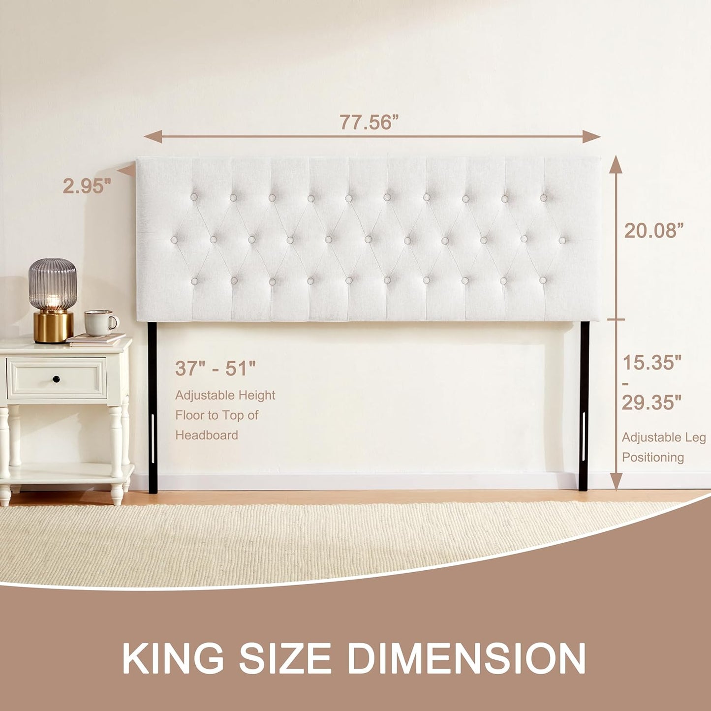 Huatean HomeTufted Upholstered Headboard, Solid Wood Head Board with Durable Metal Legs, Adjustable Height Bed headboard from 37” to 51”