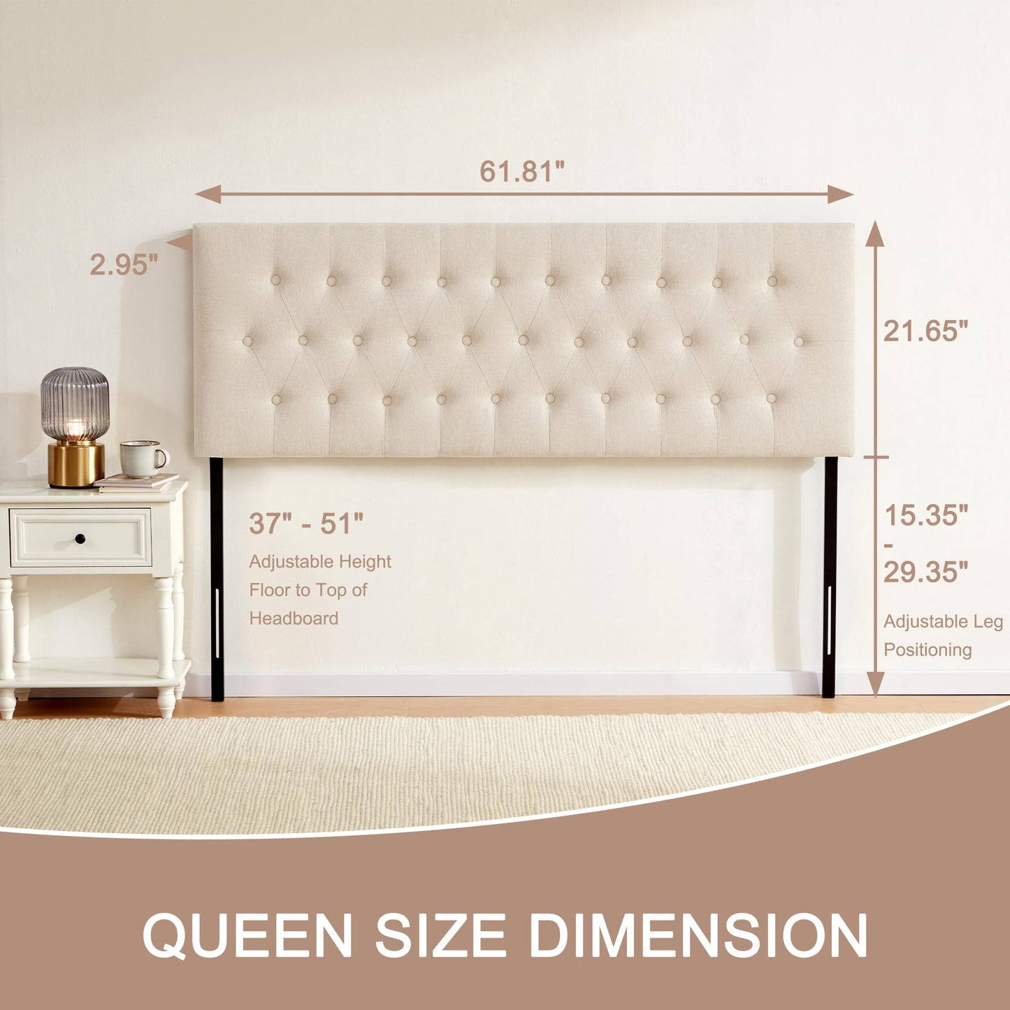 Huatean HomeTufted Upholstered Headboard, Solid Wood Head Board with Durable Metal Legs, Adjustable Height Bed headboard from 37” to 51”